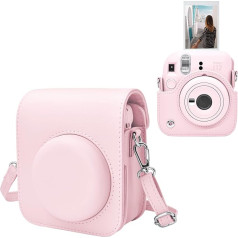 MUZIRI KINOKOO Fotoaparāta somiņa Fuji/Polaroid Instax Mini 12 Instant Camera - PU ādas aizsargvāciņš ar regulējamu plecu siksnu, rozā, somiņa fotoaparātam