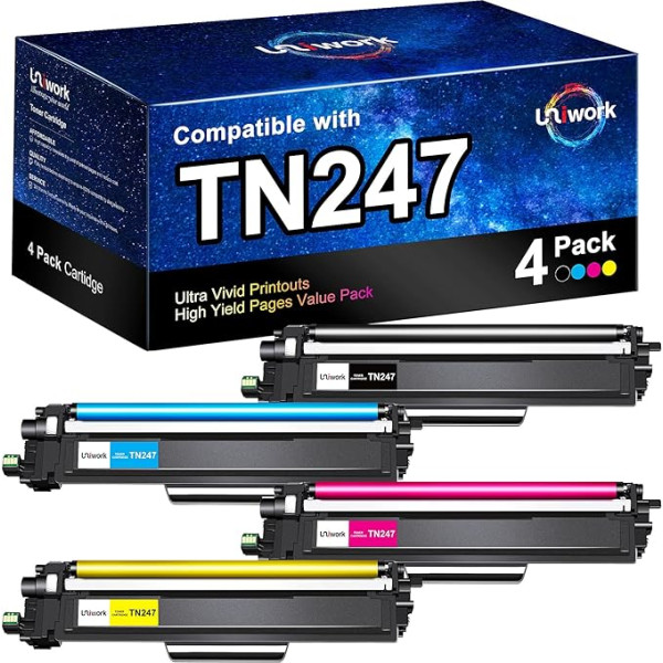 Uniwork TN-243CMYK TN247 Toneris saderīgs ar Brother TN-247BK MFC-L3750CDW DCP-L3550CDW HL-L3210CW HL-L3230CW HL-L3270CDW MFC-L3770CDW MFC-L3710CDW (melns, ciāns, dzeltens, purpursarkans)