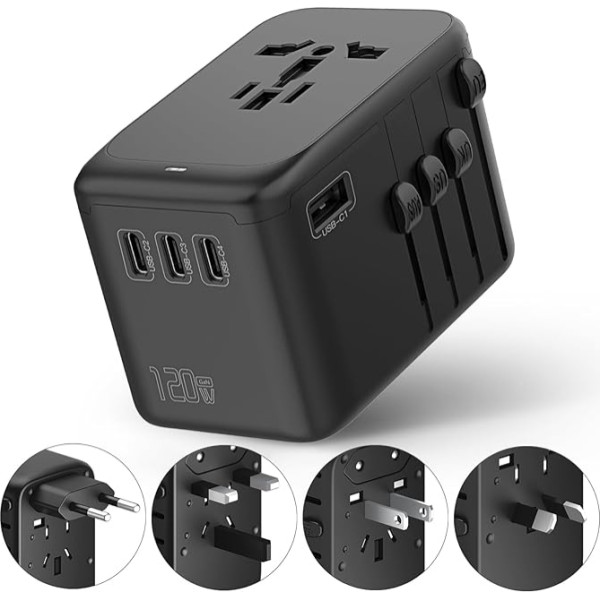 Internationaler 120-W-Reiseadapter, 4USB-C & 1USB-A weltweites Wandladegerät, GaN-Schnellladegerät mit UK-EU-AU-US-Steckern, internationaler All-in-One-Konverter für Laptops, Tablets, Telefone