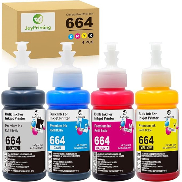 JoyPrinting T664 tinte saderīga ar Epson 664 tintes kasetnēm, kas paredzētas EcoTank ET-2500 ET-2550 ET-2600 ET-2650 ET-4500 ET-14000 L396 L3050 L3060 L3070 L110 L12 0 L13 0 L132 L200 L210 L220 L222