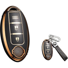 HIBEYO Smart Car Key Case Fits Nissan Key Case TPU Protective Cover for Nissan Kick Tiida Pathfinder Murano Note Juke Remote Key Case Leather Key Ring Black