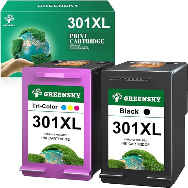 GREENSKY 301 XL 301XL multipakete atkārtoti sagatavota HP 301 printeru kasetnēm priekš HP Envy 4500 5530 4502 DeskJet 2540 1510 1000 1050 1010 1000 OfficeJet 2620 4630 4632 ( 1 melna, 1 1 krāsaina)