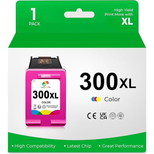 COLORETTO 300 XL (CC643EE) Krāsu atjaunoti krāsu kasetnes, kas ir saderīgas ar HP 300XL Deskjet D1660, D2660, D5560, F2480, F4280, F4580, Envy 110, 114, 120, Photosmart C4680, C4780, HP 300XL