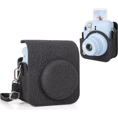 MUZIRI KINOKOO Case for Fujifilm Instax Mini 12 / Polaroid Mini 12 Instant Camera, PU Leather Veins Protective Case with Shoulder Strap, black, Camera case