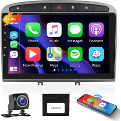 Podofo Auto Radio Carplay Android auto Peugeot 308/408 2007-2015, Android auto 2G + 64G, 9 collu skārienjūtīgais ekrāns GPS navigācija WiFi Bluetooth FM RDS Radio HiFi USB Auto Stereo atskaņotājs (pelēks) + AHD aizmugurējais