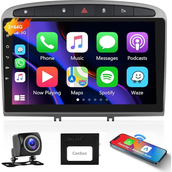 Podofo Auto Radio Carplay Android auto Peugeot 308/408 2007-2015, Android auto 2G + 64G, 9 collu skārienjūtīgais ekrāns GPS navigācija WiFi Bluetooth FM RDS Radio HiFi USB Auto Stereo atskaņotājs (pelēks) + AHD aizmugurējais