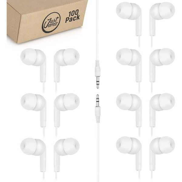 JustJamz® Basic | 100 eksemplāru iepakojums | Pērļbaltas iekšējās austiņas | Vienreizlietojamās austiņas | Pieejamas austiņas | 3,5 mm audio ligzdas austiņas skolām, bērniem, klasēm un bibliotēkām