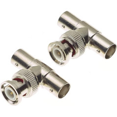 BNC Male to 2 x Female T Adapter - 50 Ohm 3 Way T-Type Dual Female Coaxial Adapter Connector Splitter for Coaxial Cable, CCTV, Antenna - Pack of 2