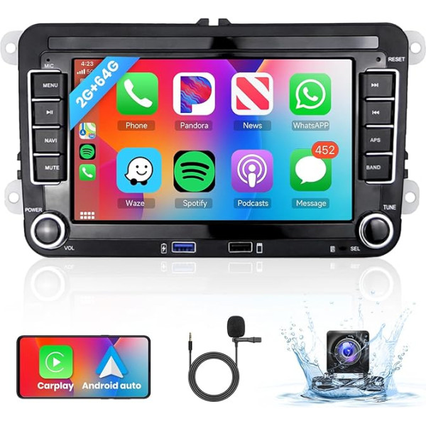 【2+64G】 Bezvadu Carplay 7 collu Android auto radio Android auto VW Golf Tiguan Polo ar atpakaļgaitas kameru ar atpakaļgaitas kameru FM/RDS/Bluetooth/WiFi/GPS