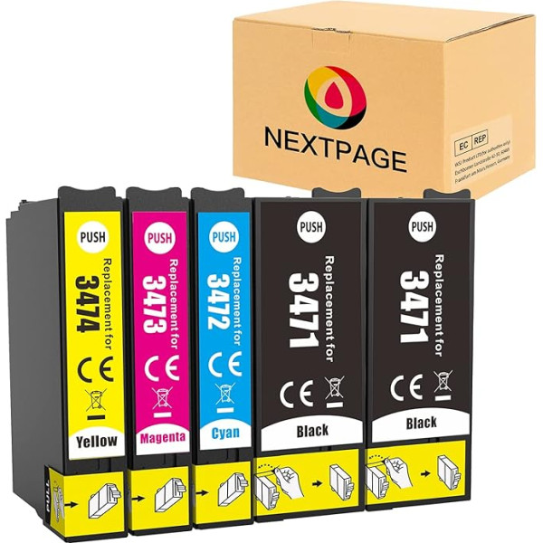 Nextpage 34XL tintes kasetnes, kas paredzētas Epson 34XL printeru kasetnēm, kas saderīgas ar Epson Workforce Pro WF-3725DWF WF-3720DWF WF3725DWF WF3720DWF WF3725 WF3725 WF3720 (2 melnas, 1 melns, 1 magenta, 1 dzeltens)