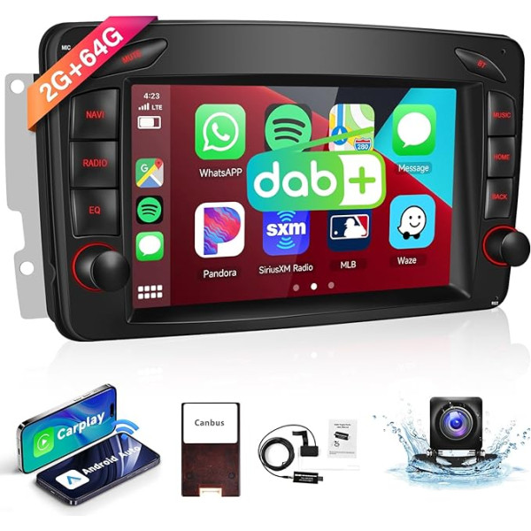 2G + 64G Carplay 7 collu auto radio ar DAB+ Mercedes-Benz W209 bezvadu Android automašīnai, Double DIN auto stereo ar Bluetooth/Navi FM/RDS radio/Airplay + AHD atpakaļgaitas kamera/CANBUS