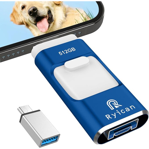 USB zibatmiņas karte tālrunim Ryican 512 GB atmiņas karte iOS ar paroli aizsargātiem failiem 4 in 1 USB 3.0 Photostick Pendrive USB C OTG Android/Laptop/PC/Pad, datu kopēšana ar vienu klikšķi (512G, zila)