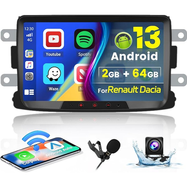 Hikity Android 13 Auto radio 2Din ar navigācijas sistēmu Renault Dacia Duster Sandero Logan Dokker Captur 2G 64G 8 collu Carplay auto radio ar GPS Android auto Bluetooth FM RDS WiFi SWC MIC