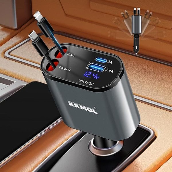 Retractable Car Charger - KKMOL Retractable Car Charger, 120 W Quick Charger Car Retractable Cigarette Lighter, USB Cigarette Lighter Splitter Compatible with iOS/Android