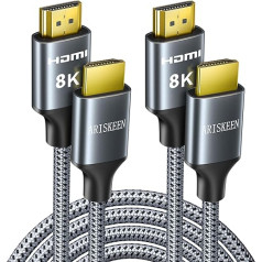 ARISKEEN 8K HDMI 2.1 Cable 2 m Pack of 2, Ultra HD 48Gbps High Speed Nylon Braided HDMI Cable, Supports 8K @ 60HZ, 4K @ 120Hz, eARC HDR10, Compatible with TV Xbox One PS4 PS5 Switch Monitor