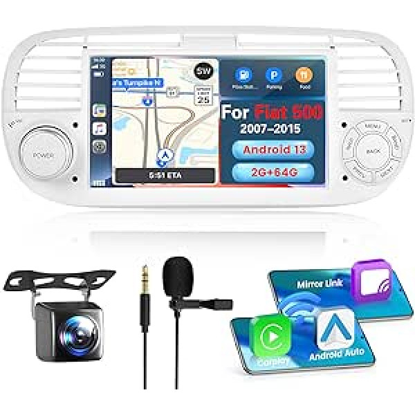 Hikity Android 13 2G 64G bezvadu Carplay auto radio ar satelītnavigāciju Fiat 500 2007-2015 7 collu auto radio stereo ar Bluetooth WiFi FM RDS Mirror Link Android auto MIC atpakaļgaitas kamera (balta)