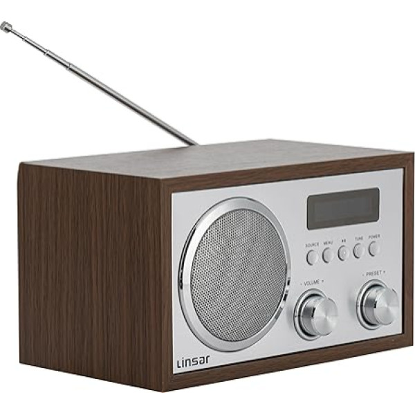 Linsar Nostalgia Radio ar digitālo FM/DAB FM radio ar USB pieslēgvietu, bezvadu BT savienojumu, iebūvētu mono skaļruni, AUX-IN, austiņu funkciju, LCD displeju (brūns)