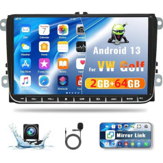 CAMECHO 2G + 64G Android 13 automobilinis radijas VW Golf Polo Jatta Touran Tiguan Seat, 9 colių ekranas VW automobilinis radijas su Bluetooth GPS WiFi FM/RDS Mirror Link SWC + atbulinės eigos kamera Canbus