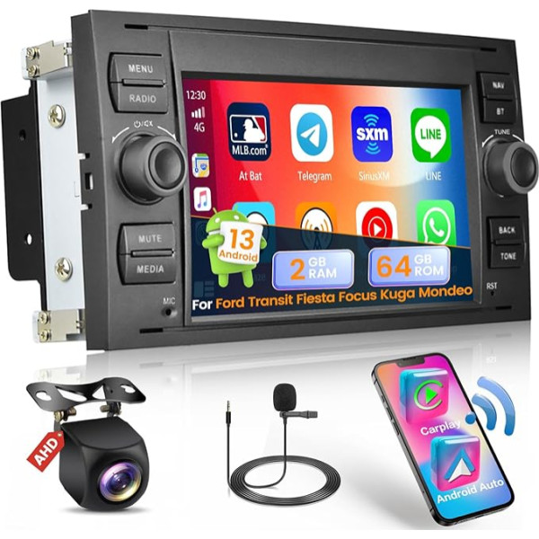 Hikity 2G 64G Android 13 Bezvadu Carplay auto radio Ford Transit Fiesta Focus Kuga C-Max Mondeo S-Max 7 collu auto radio stereo ar Android auto GPS WiFi Bluetooth FM RDS SWC atpakaļgaitas kamera