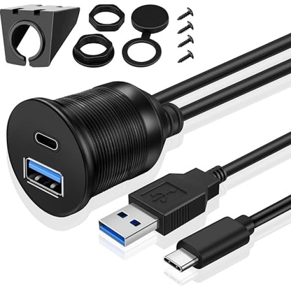 TNP USB C + USB lizdo kabelis - 1 m, automobilinis USB 3.0 instaliacinis lizdo kabelis, C tipo USB ilgintuvas, prietaisų skydelio kabelis, 2x vyriškos ir 2x moteriškos lyties adapteris automobiliui, sunkvežimiui, valčiai, motociklui, juodas