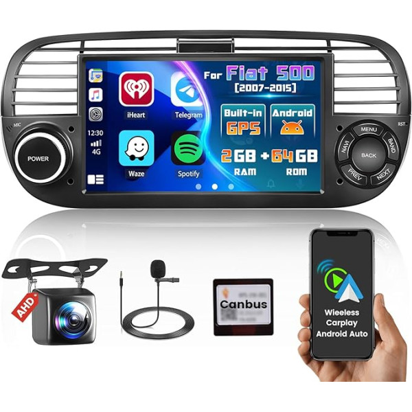 [2+64GB] Hikity 7 collu Android auto radio ar satelīta navigāciju Fiat 500 2007 2008 2009 2009 2010 2010 2011 2012 2013 2013 2014 2015 Auto radio ar Wireless CarPlay Android Car HiFi RDS SWC Mic aizmugures skata kamera