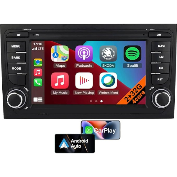 Android 13 auto radio Audi A4 S4 RS4 ar 7 collu ekrānu, GPS navigācija, CarPlay, Android Car, Bluetooth, Wi-Fi, DSP, DAB+, RDS, MirrorLink, FM/AM, USB, aizmugurējā skata kamera (4 kodolu 2GB+32GB)