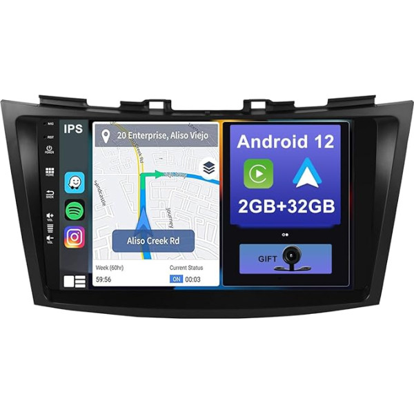 YUNTX Android 12 Auto radio priekš Suzuki Swift 2008-2017/Ertiga 2012-2017-2 DIN [Iebūvēts bezvadu CarPlay/Android Car/GPS] 9 collu IPS 2.5D skārienjūtīgais ekrāns Bezmaksas kamera DAB/Radio vadība. /MirrorLink/4G