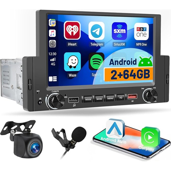 Hikity 2G+64G 1DIN Android Autoradio mit 6,2 Zoll Touchscreen Wireless Apple CarPlay und Android Auto, Auto Radio Touch Display mit Navi RDS USB SWC WiFi RüCkfahrkamera Mikrofon