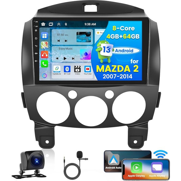 Hikity 9 Zoll Android 13 Autoradio mit Navi für Mazda 2 2007-2014, 8-Core 4G+64G, Wireless Apple CarPlay und Android Auto, Touchscreen DSP 32EQ RDS Rückfahrkamera