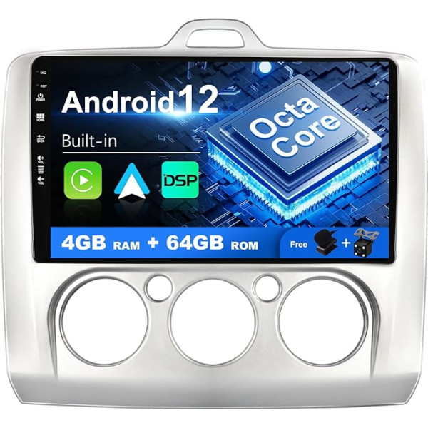 SXAUTO Android 12 IPS autoradio Ford Focus (2004-2011) - Iebūvēts Carplay/Android Car/DSP - LED kamera + MIC - 4G + 64G - DAB 360-CAM vadība pie stūres Fast Boot WiFi AHD - 2 DIN 9 collas