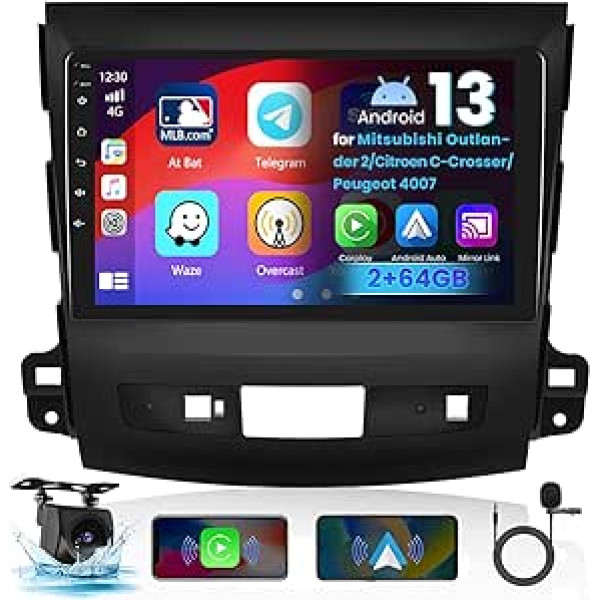 Hikity 2+64G Android 13 Autoradio mit Navi für Mitsubishi Outlander 2/Citroen C-Crosser/Peugeot 4007, Wireless CarPlay und Android Auto, 9 Zoll Touchscreen RDS WiFi Rückfahrkamera