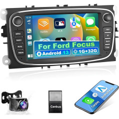 Podofo Android 13 Auto radio priekš Ford Focus MK2 Mondeo Cmax Galaxy Smax Kuga ar bezvadu Apple Carplay/Android Car, 7 collu skārienekrāns Bluetooth/Navi/SWC/WiFi/Mirror Link/FM/RDS/HiFi + atpakaļgaita