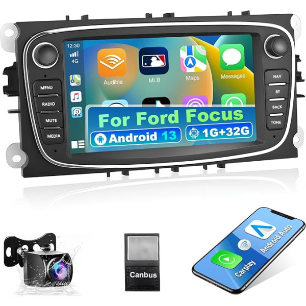 Podofo Android 13 Auto radio priekš Ford Focus MK2 Mondeo Cmax Galaxy Smax Kuga ar bezvadu Apple Carplay/Android Car, 7 collu skārienekrāns Bluetooth/Navi/SWC/WiFi/Mirror Link/FM/RDS/HiFi + atpakaļgaita