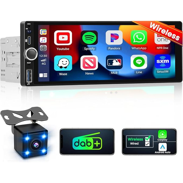 Hikity DAB DAB+ Autoradio 1 Din mit Wireless CarPlay Android Auto Touch Display 6,9 Zoll Radio mit Bildschirm Bluetooth Freisprecheinrichtung Mirror Link FM/EQ/USB Rückfahrkamera