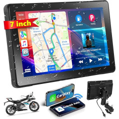 Podofo 7 Zoll Drahtlose Tragbare A-pple Carplay & Android Auto Display für Motorrad，wasserdichte Touchscreen Bildschirm Autoradio mit Bluetooth/GPS Navigation/Siri/Assistant für Moto