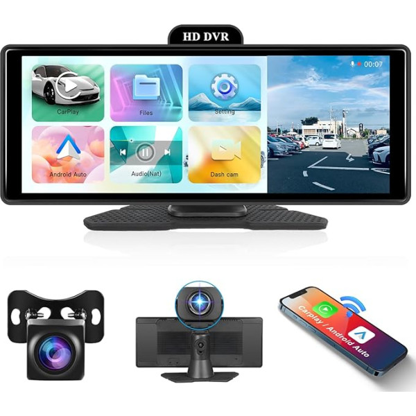 Podofo 10,26 collu portatīvais auto radio, bezvadu Carplay Android auto, skārienjūtīgais ekrāns ar 4K Dash Cam un 1080P aizmugures skata kameru, atbalsta Bluetooth/Airplay/Android Cast/ADAS