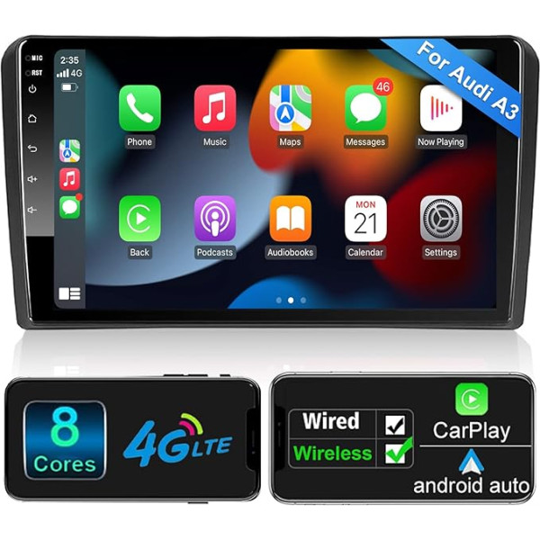 Android 10 auto radio bezvadu CarPlay bezvadu Android auto Audi_A3 S3 RS3 2GB + 32GB 9 collu QLED ekrāns AM FM RDS radio Wi-Fi Double Bluetooth audio auto stereo ar navigāciju