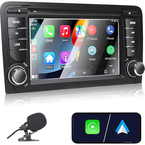 Liulbobu Autoradio für Audi A3 2003-2012, S3 2006-2012, RS3 2011-2012 Kompatibel Carplay Android Auto, 7 Zoll Touchscreen mit Radio Bluetooth/FM/AM/USB/DPS/RDS/SWC/Mikrofon/Fahrzeugbild rückwärts