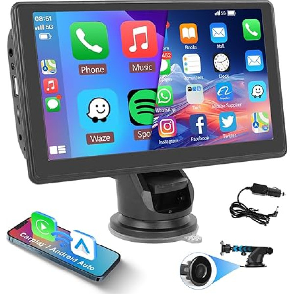 Hodozzy iOS Carplay Bildschirm für Auto, Portable 7 Zoll Touch Screen Wireless Carplay und Android Auto Display Extern mit Bluetooth, Airplay Mirror Link Navi, FM EQ/AUX/TF/USB, Tragbares Autoradio