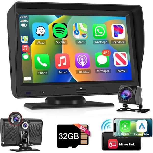 Podofo Bezvadu Carplay auto radio ar 7 collu skārienjūtīgo ekrānu Bluetooth AUX/FM raidītājs 64 g SD karte Divu kameru sistēma Split Screen Wireless Android auto ar atpakaļgaitas kameru DC7-32V