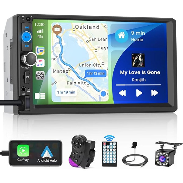 Inefala 7 collu Double DIN auto radio ar Apple Carplay un Android Car, Bluetooth auto radio ar skārienjūtīgo ekrānu, Link Mirror, atbalsta FM, USB, AUX, TF; stūres vadības stūres, atpakaļgaitas kamera