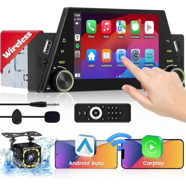 Hikity 5 Zoll Autoradio 1 Din Wireless Carplay Android Auto, Touchscreen Auto Radio mit Bildschirm Mirror Link Bluetooth Freisprecheinrichtung 2USB Typ-C Rückfahrkamera