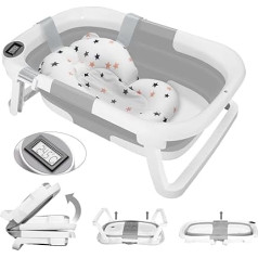 Groß Faltbare Babywanne mit Badematte, Baby Badewanne Faltbar mit Duschkopfanschluss & Integriertem Thermometer, Baby Wanne,Ergonomisch, Platz Sparen,Tragbare Badewanne Baby für Babys von 0-36 Monaten