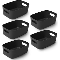 Black Plastic Storage Box - Pack of 5 Organiser Boxes for Kitchen, Home or Office, Storage Baskets for Shelves, Drawers, Laundry, Cupboard, Plastic Box, Baskets & Containers (25.5 x 17 x 11 cm)