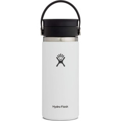 HYDRO FLASK - Ceļojumu termoss 473 ml (16oz) - Vakuumizolēts nerūsējošā tērauda termoss - Necaurlaidīgs elastīgs vāciņš - Termoss kafijai - Atvēršanas izmērs - Balts