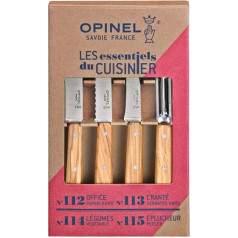 Opinel 254458 Essentials Küchenmesser Set-4 teilig-rostfreier Sandvik Stahl-Olivenholz Griffe, Mehrfarbig