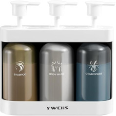 YWEHS Shampoo-Spender für Dusche, Wandmontage, Duschseifenspender, 3 Kammern, ohne Bohren, 30 ml x 3 Shampoo-Conditioner, Körperwaschspender für Badezimmer, Hotel, Weiß, 3 nachfüllbare Flaschen