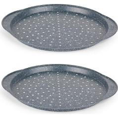 Russell Hobbs COMBO-5447 Pizza Tray Set of 2 - Round Perforated Non-Stick Baking Tray, 37 cm, PFOA Free, Family Meals, Garlic Bread and More, Carbon Steel, Blue Marble, Nightfall Stone