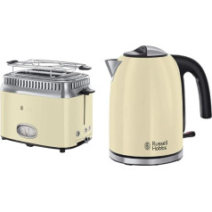 Russell Hobbs tosteris Retro Cream, retro atskaites displejs, ieskaitot bulciņu piederumu 1300 W un tējkanna Colours+ Cream, 1,7 L, 2400 W, ātrās vārīšanās funkcija, optimizēts izsmidzinātājs