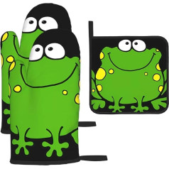 Cute Frog Oven Mitts and Pot Holders 3 neslīdošo augstas karstumizturības cepeškrāsns dūraiņu komplekts karstajiem spilventiņiem virtuves ēdienu gatavošanai, cepšanai un grilēšanai